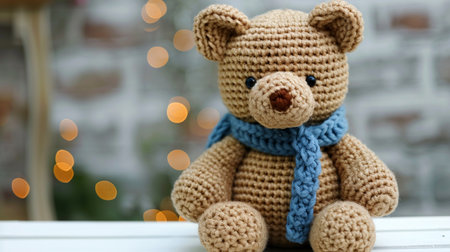 A cozy scene featuring a handmade crocheted teddy bear wearing a blue scarf, with bokeh lights in the background.の素材