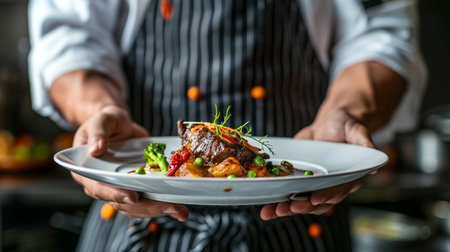 A chef presents a gourmet dish with vibrant vegetables and delicately plated meat in a modern kitchen setting.の素材
