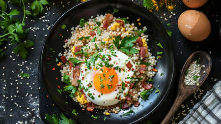 A vibrant breakfast dish featuring couscous, a fried egg, bacon, and herbs, elegantly presented on a black plate.の素材