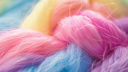 Close-up of soft pastel threads in pink, yellow, and blue. Delicate and whimsical composition; soft and airy atmosphere.の素材