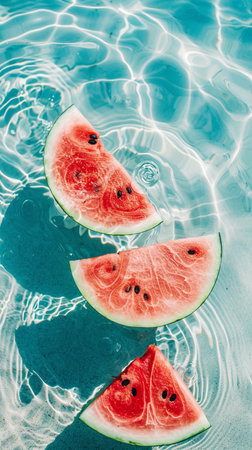 Three fresh watermelon slices floating in clear water. Vibrant red and green colors create a refreshing summer vibe.の素材