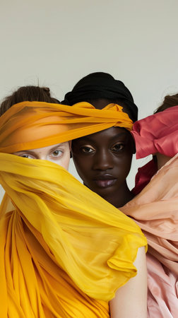 Three individuals with vibrant fabric draped around them, showcasing diverse beauty.の素材