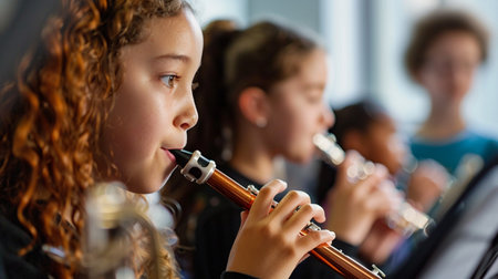 A group of young musicians playing the flute in a bright music room, focused and engaged.の素材