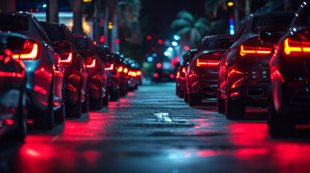 A line of cars illuminated by red lights on a wet city street at night.の素材