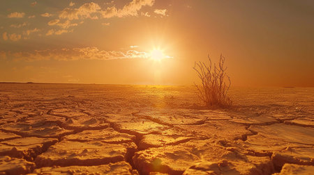 A beautiful desert landscape with a vibrant sunset and a solitary bush. Cracked, dry earth stretches into the horizon.の素材