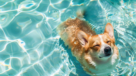 A happy corgi swimming in a clear blue pool, basking in the sunlight with a relaxed expression.の素材