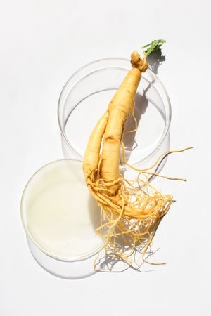 Abstract cosmetic laboratory. Ginseng in Petri Dishesの写真素材