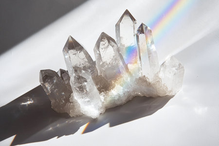 A cluster of clear quartz crystals with a rainbow light effect shining on them, highlighting their natural beauty.の素材