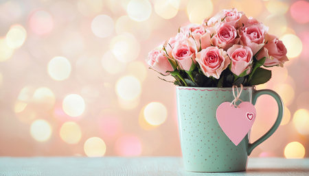A pastel teal cup filled with blush pink roses, accompanied by a heart tag, against a bokeh background.の素材