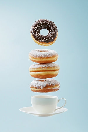 A stack of donuts, one chocolate-coated, levitating above a white coffee cup against a light blue background.の素材