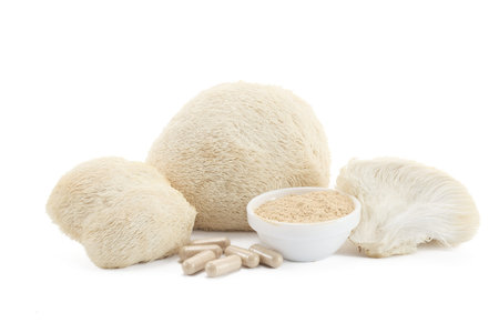 Lions Mane Mushroom and Supplements on white backgroundの写真素材