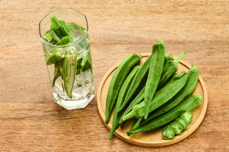 Fresh Okra on wooden backgroundの写真素材