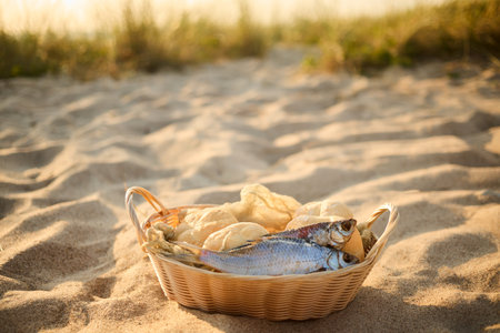 Christianity, religion, Bible concept. Five loaves of bread and two fishの写真素材