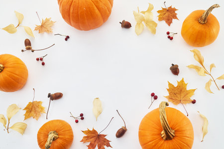 A flat lay of autumn-themed items: pumpkins, acorns, leaves, and berries, featuring warm, vibrant colors.の写真素材