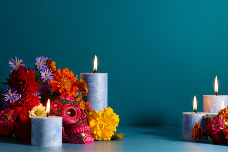 Vibrant Candlelit Offering. Vibrant Day of the Dead Tributeの写真素材