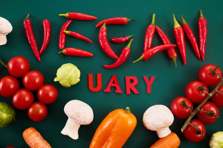 Vegetarian diet month in january called Veganuary. Veganuary word made from red chillies and childish letteringの写真素材