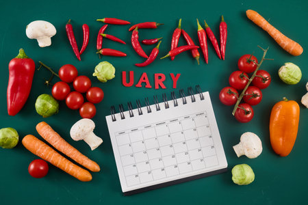 Vegetarian diet month in january called Veganuary. Top view filled veginuary calendar.