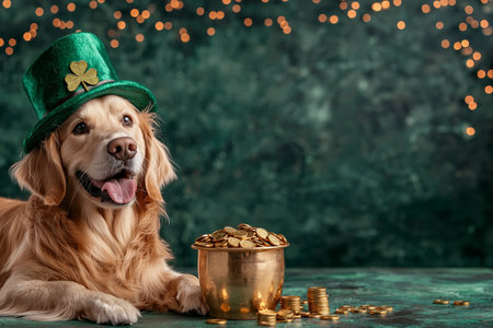 Lucky Golden Retriever. St. Patricks Day Dogの写真素材