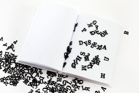 Open book with scattered letters symbolizing dyslexia. Scattered Letters