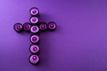 Lent Symbolism. Cross of Purple Candlesの写真素材