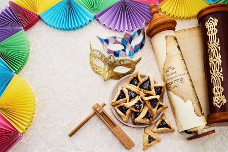 Purim Festive Setup. Colorful Purim scene with masks,の写真素材
