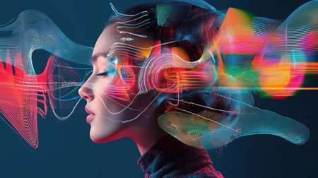 Digital Harmony. A conceptual image of a woman interacting with colorful digital wavesの素材