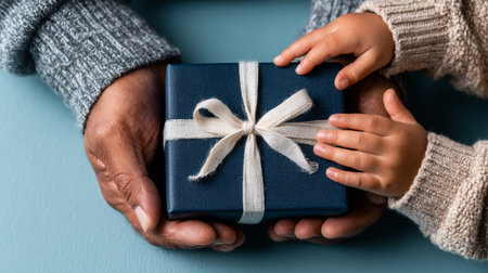 Happy Fathers Day. Child and adult hands sharing a blue giftの素材