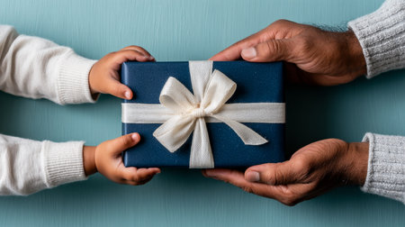 Happy Fathers Day. Child and adult hands sharing a blue giftの素材