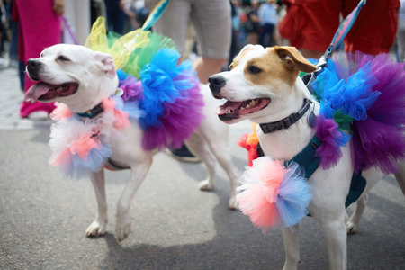 Pride Colorful Canine Parade. Two dogs dressed in bright rainbow tutus