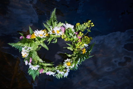 Summer Solstice Day, Midsummer night. Wildflower wreath. Ligo, Ivan Kupala traditions.の写真素材