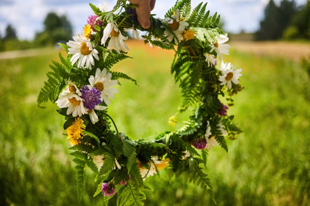 Summer Solstice Day, Midsummer, Litha holiday. Flowers wreath