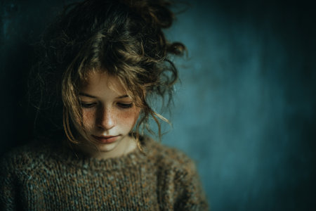 Contemplative Moment. A young person with curly hair reflects in a dimly lit room with a serene expression.の素材