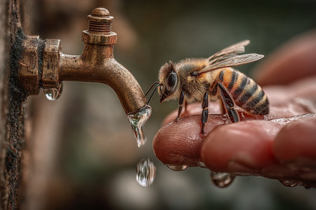 Thirsty Bee. Close-up of a bee drinking from a dripping faucetの素材