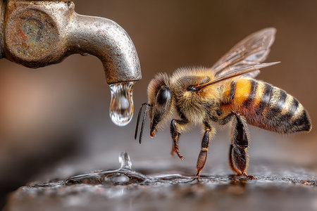 Thirsty Bee. Close-up of a bee drinking from a dripping faucetの素材