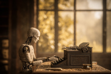 Mechanical Scribe. A robot writes on a vintage typewriter in a sunlit room,の素材
