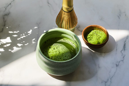 Ceremonial Matcha Setup. Traditional matcha tea set with powder, bamboo whisk