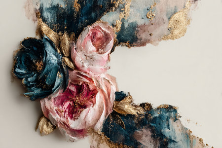 Floral Elegance. Abstract floral painting with gold accentsの素材