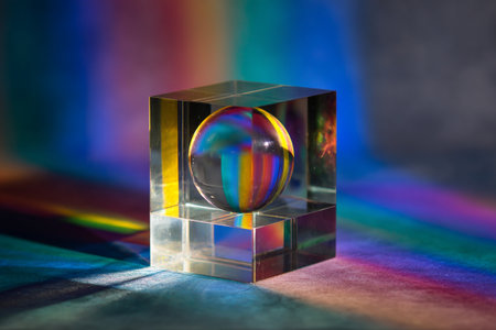 Prismatic Sphere. Glass cube with sphere inside, casting vibrant rainbow shadowsの素材