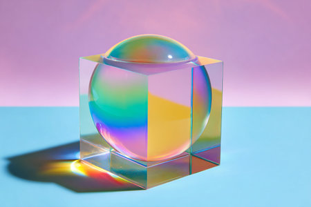 Prismatic Cube Display. Glass cube with sphere inside, casting vibrant rainbow shadowsの素材