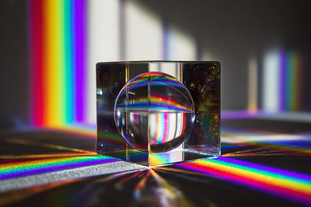 Prism Rainbow Reflection. Glass cube with sphere inside, casting vibrant rainbow shadowsの素材