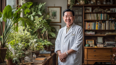 Botanical Sanctuary. A botanist in a study filled with plants and books, creating a serene and vibrant atmosphere.の素材