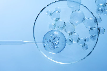 Abstract cosmetic laboratory. Chemical laboratory research. Cosmetic Essence. Bubbles in Petri Dish