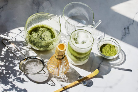 Matcha Tea Preparation. Elegantly arranged matcha tea set with a serene atmosphere