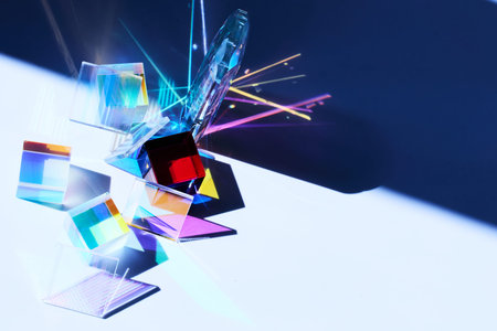 Prismatic Reflections. Colorful glass prisms casting vibrant shadows and reflections