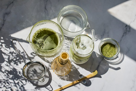 Matcha Tea Preparation. Flat lay of matcha tea ingredients and tools