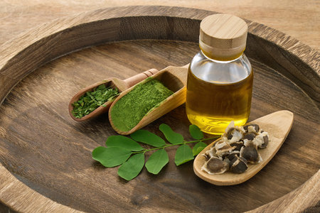 Natural Ingredients Display on wooden backgroundの写真素材