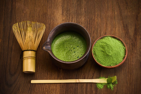Traditional Matcha Tea Set. A serene setup of matcha tea