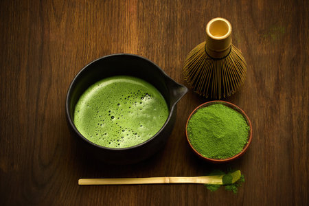 Matcha Tea Preparation. A serene setup of matcha tea