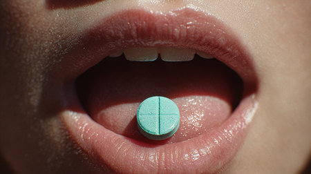 Lip Bite Pill. Close-up of lips softly holding a green-coated pill between teeth.の素材