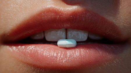 Lip Bite Pill. Close-up of lips softly holding a green-coated pill between teeth.の素材